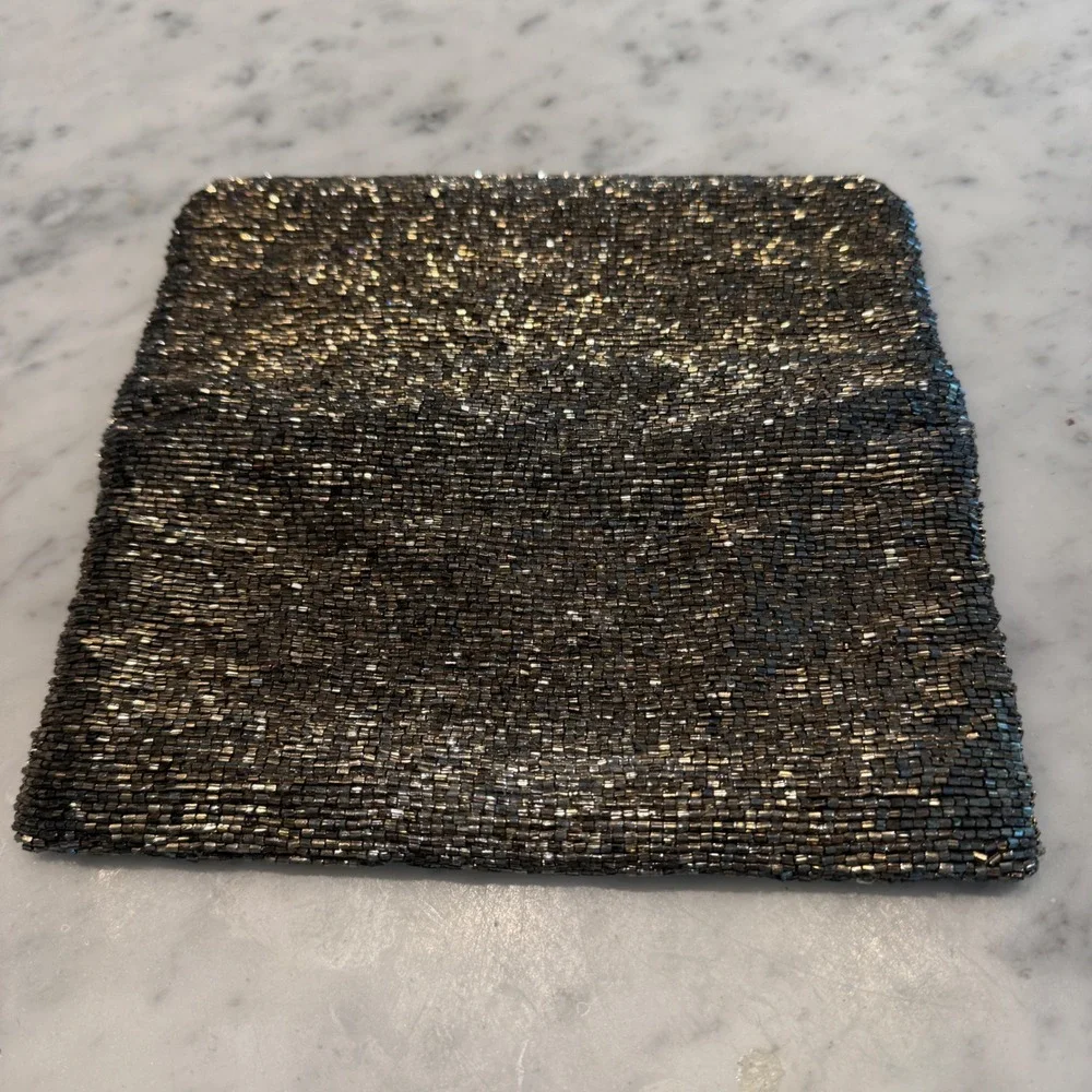 Moyna Metallic Bronze Beaded Foldover Clutch Evening Bag Zipper Closure Handbag